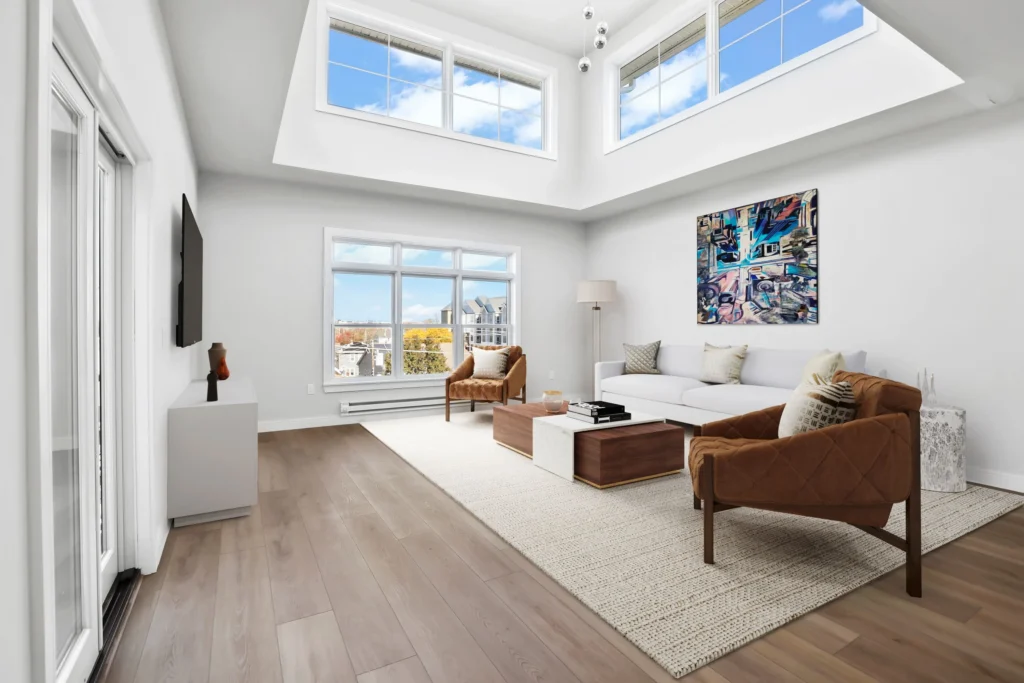 living room with high ceilings